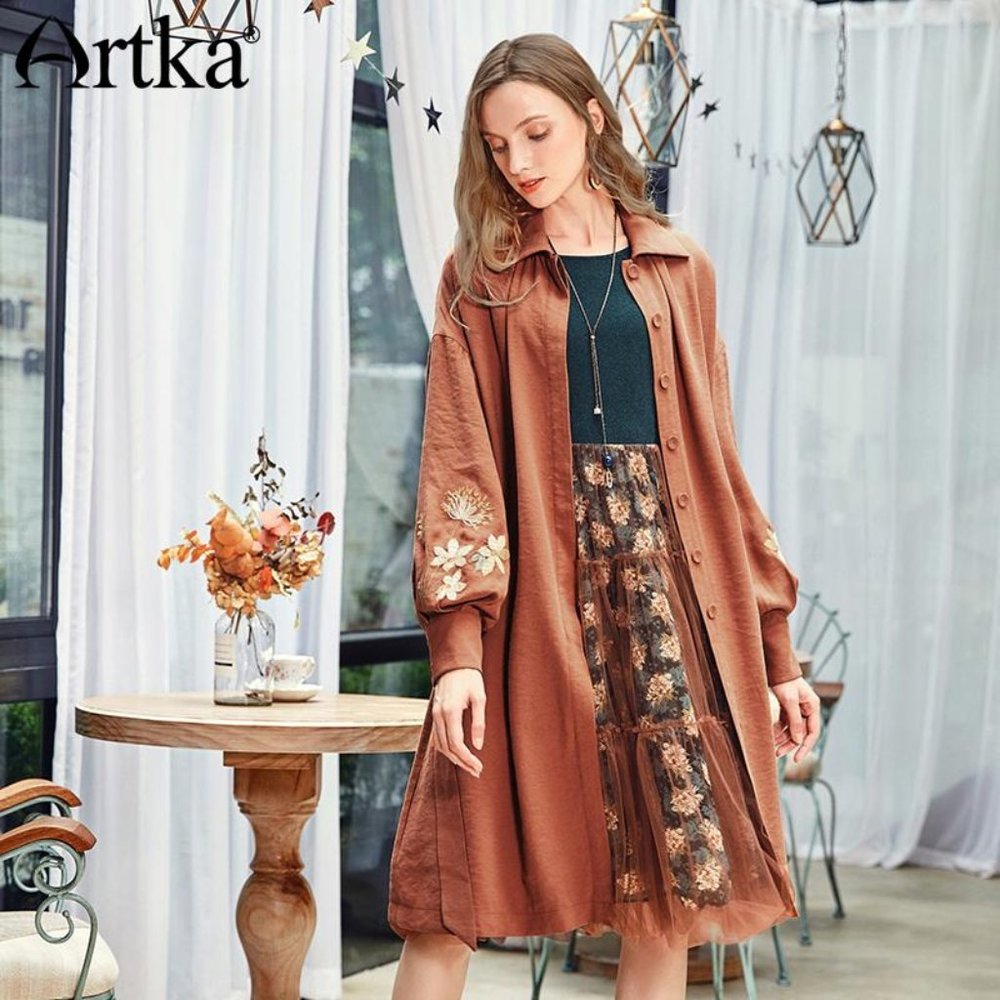 Vintage Embroidery Floral A-line Trench Coat